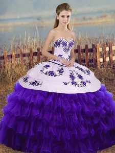 Dramatic White And Purple Ball Gowns Organza Sweetheart Sleeveless Embroidery and Ruffled Layers and Bowknot Floor Length Lace Up 15th Birthday Dress