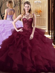 Artistic Beading and Ruffles Quinceanera Dress Burgundy Lace Up Sleeveless Brush Train