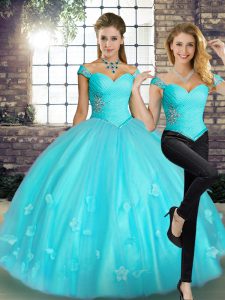 Exquisite Aqua Blue Tulle Lace Up Quinceanera Gowns Sleeveless Floor Length Beading and Appliques