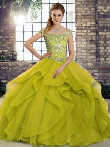 Sleeveless Beading and Ruffles Lace Up Sweet 16 Dress with Olive Green Brush Train