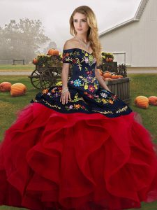 Floor Length Red And Black Quinceanera Dresses Tulle Sleeveless Embroidery and Ruffles