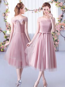 Adorable Empire Dama Dress for Quinceanera Pink Off The Shoulder Tulle Sleeveless Tea Length Lace Up