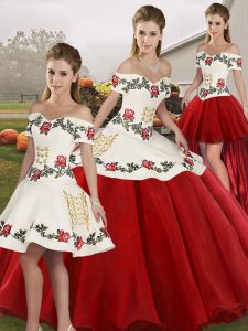 Luxury White And Red Ball Gowns Embroidery Vestidos de Quinceanera Lace Up Organza Sleeveless Floor Length