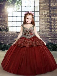 High End Floor Length Red Pageant Gowns For Girls Straps Sleeveless Lace Up