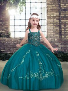 Floor Length Teal Kids Formal Wear Tulle Sleeveless Beading