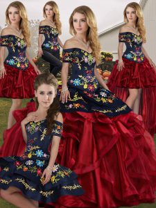 Floor Length Ball Gowns Sleeveless Red And Black 15th Birthday Dress Lace Up