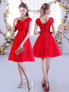 Romantic Mini Length Lace Up Court Dresses for Sweet 16 Red for Wedding Party with Lace