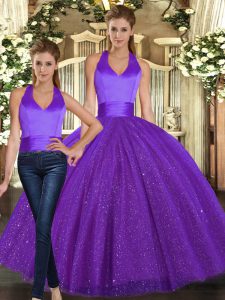 Great Purple Lace Up 15th Birthday Dress Ruching Sleeveless Floor Length