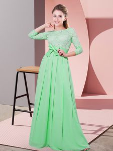 Fancy Scoop 3 4 Length Sleeve Vestidos de Damas Floor Length Lace and Belt Apple Green Chiffon