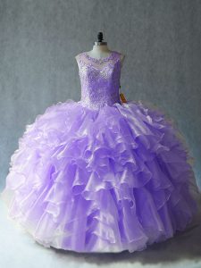 Lavender Organza Lace Up Scoop Sleeveless Floor Length 15th Birthday Dress Beading and Ruffles