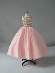 Customized Scoop Sleeveless Girls Pageant Dresses Floor Length Beading Pink Tulle