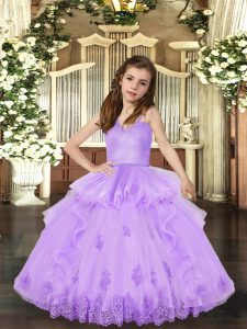 Unique Straps Sleeveless Little Girl Pageant Dress Floor Length Appliques Lavender Tulle