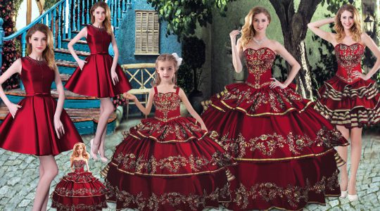 Stylish Wine Red Ball Gowns Embroidery and Ruffled Layers 15th Birthday Dress Lace Up Organza Sleeveless Floor Length