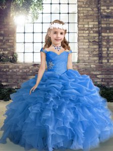 Custom Made Blue Ball Gowns Organza Straps Sleeveless Beading and Ruffles and Pick Ups Floor Length Lace Up Little Girls Pageant Dress
