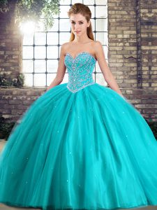 Ball Gowns Sleeveless Aqua Blue Quinceanera Gowns Brush Train Lace Up