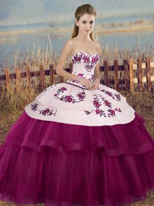 Floor Length Fuchsia Quinceanera Dresses Tulle Sleeveless Embroidery and Bowknot