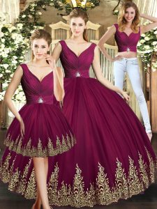 V-neck Sleeveless Backless 15th Birthday Dress Burgundy Tulle