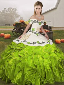 Beauteous Olive Green Sleeveless Embroidery and Ruffles Floor Length Quinceanera Dresses