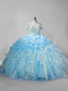 Custom Fit Baby Blue Ball Gowns Beading and Ruffles and Pick Ups Quinceanera Dress Lace Up Organza Sleeveless