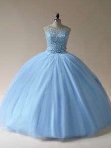 Light Blue Sleeveless Beading Floor Length Sweet 16 Dresses