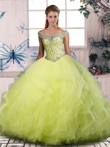 Trendy Yellow Green Ball Gowns Beading and Ruffles Ball Gown Prom Dress Lace Up Tulle Sleeveless Floor Length