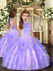 Simple Tulle High-neck Sleeveless Backless Beading and Ruffles Pageant Gowns For Girls in Lavender