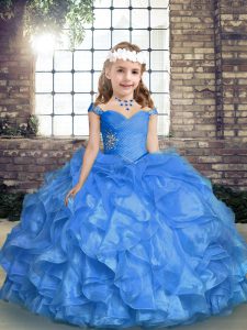 Blue Lace Up Straps Beading and Ruffles and Ruching Little Girls Pageant Gowns Organza Sleeveless