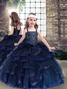 Beading and Ruffles Little Girl Pageant Gowns Navy Blue Lace Up Sleeveless Floor Length