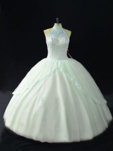 Captivating Apple Green Lace Up Sweet 16 Dress Beading Sleeveless Floor Length