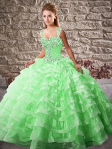 Sweet Lace Up Quinceanera Gown Green for Sweet 16 and Quinceanera with Beading and Ruffled Layers Court Train