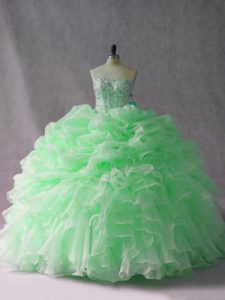 Sexy Apple Green Lace Up Strapless Beading and Ruffles Quinceanera Gowns Organza Sleeveless Brush Train