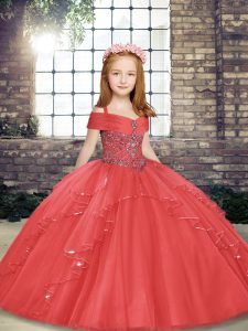 Glorious Tulle Straps Sleeveless Lace Up Beading and Ruffles Pageant Dress for Girls in Coral Red