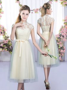 Champagne Cap Sleeves Tulle Zipper Quinceanera Court of Honor Dress for Wedding Party