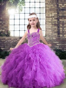 Floor Length Purple Kids Formal Wear Tulle Sleeveless Beading and Ruching