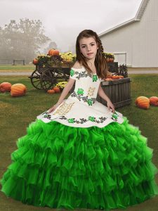 Sleeveless Lace Up Floor Length Embroidery and Ruffled Layers Kids Formal Wear