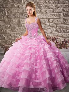 Ideal Pink Lace Up Straps Beading and Ruffled Layers Sweet 16 Quinceanera Dress Organza Sleeveless Court Train