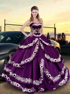 Luxurious Purple Satin Lace Up Sweetheart Sleeveless Floor Length 15th Birthday Dress Embroidery and Ruffled Layers