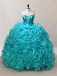 Sweet Fabric With Rolling Flowers Sleeveless Floor Length Quince Ball Gowns and Ruffles and Sequins