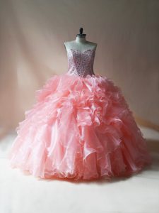 Pink Organza Lace Up Sweet 16 Quinceanera Dress Sleeveless Floor Length Beading and Ruffles