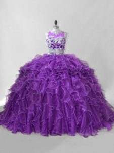 Romantic Purple Sweet 16 Quinceanera Dress Scoop Sleeveless Brush Train Zipper