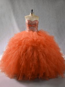 Nice Orange Red Ball Gowns Sweetheart Sleeveless Tulle Floor Length Lace Up Beading and Ruffles 15th Birthday Dress
