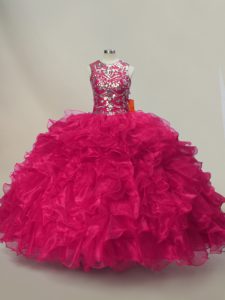 Free and Easy Hot Pink Organza Lace Up 15th Birthday Dress Sleeveless Floor Length Ruffles and Sequins