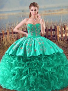 Pretty Turquoise Quinceanera Gowns Fabric With Rolling Flowers Brush Train Sleeveless Embroidery and Ruffles