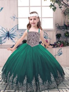 Green Ball Gowns Straps Sleeveless Tulle Floor Length Lace Up Beading and Embroidery Little Girl Pageant Dress