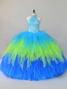 Hot Selling Multi-color Tulle Lace Up Halter Top Sleeveless Floor Length Vestidos de Quinceanera Beading and Ruffles
