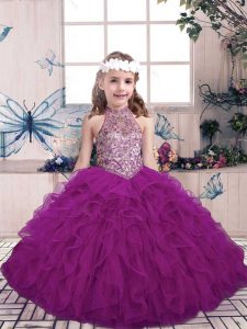Custom Made Purple Ball Gowns Beading and Ruffles Kids Pageant Dress Lace Up Tulle Sleeveless Floor Length