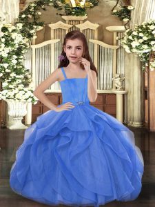 Blue Ball Gowns Beading Pageant Dress for Teens Lace Up Tulle Sleeveless Floor Length