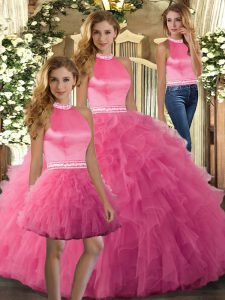 Admirable Three Pieces 15 Quinceanera Dress Hot Pink Halter Top Tulle Sleeveless Floor Length Backless