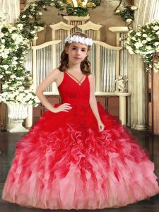 Red and Multi-color Pageant Dress for Girls Party and Wedding Party with Ruffles V-neck Sleeveless Zipper