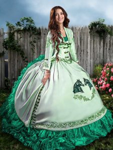 Eye-catching Floor Length Turquoise Quinceanera Gown Satin and Organza Sleeveless Embroidery and Ruffles